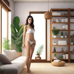 A brunette girl wearing a bikini, standing in a cozy home environment