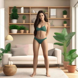 A brunette girl wearing a bikini, standing in a cozy home environment