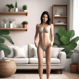 A brunette girl wearing a bikini, standing in a cozy home environment