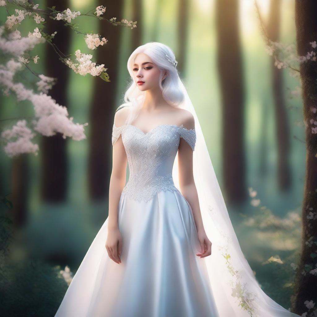 A beautiful princess with white hair, wearing an elegant gown, standing in a magical forest