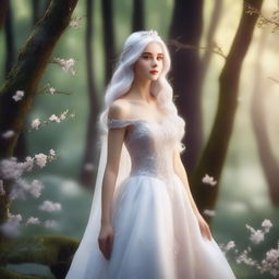 A beautiful princess with white hair, wearing an elegant gown, standing in a magical forest