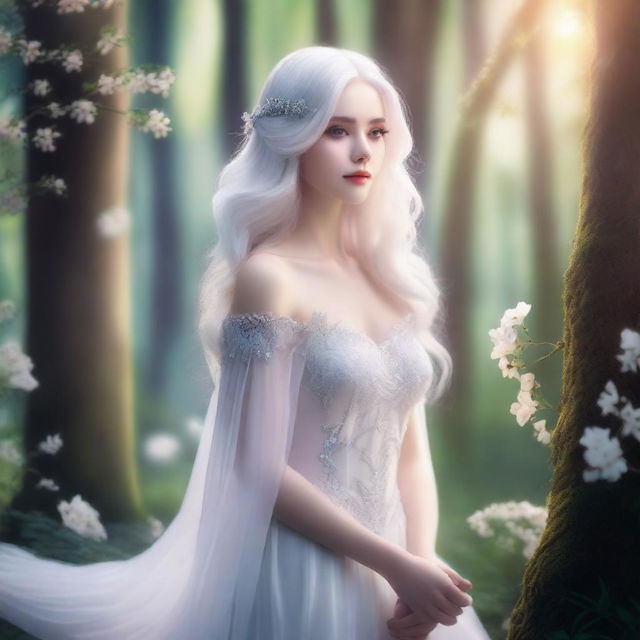 A beautiful princess with white hair, wearing an elegant gown, standing in a magical forest