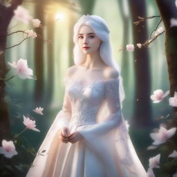 A beautiful princess with white hair, wearing an elegant gown, standing in a magical forest