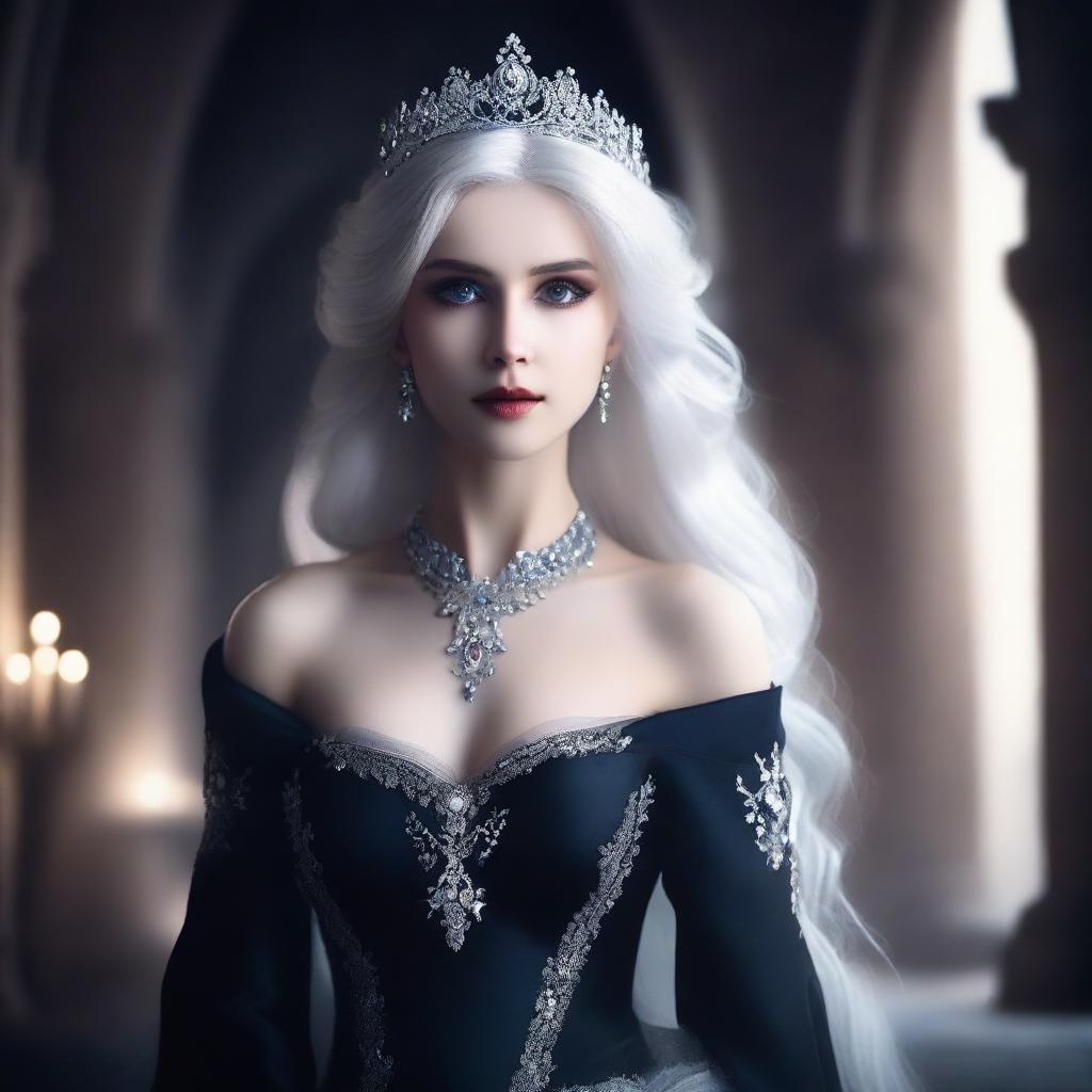 A stunningly beautiful and cold-hearted princess with white hair, wearing an elegant yet dark gown