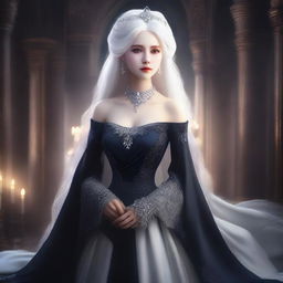 A stunningly beautiful and cold-hearted princess with white hair, wearing an elegant yet dark gown