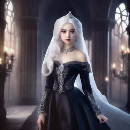 A stunningly beautiful and cold-hearted princess with white hair, wearing an elegant yet dark gown