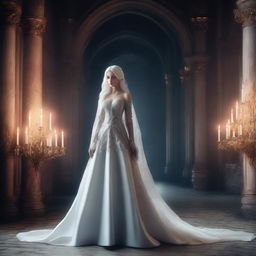 A stunningly beautiful and cold-hearted princess with white hair, wearing high heels and an elegant evening gown