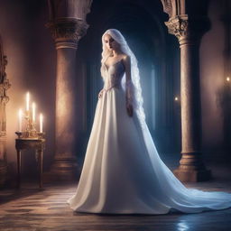 A stunningly beautiful and cold-hearted princess with white hair, wearing high heels and an elegant evening gown