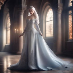 A stunningly beautiful and cold-hearted princess with white hair, wearing high heels and an elegant evening gown