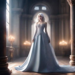 A stunningly beautiful and cold-hearted princess with white hair, wearing high heels and an elegant evening gown