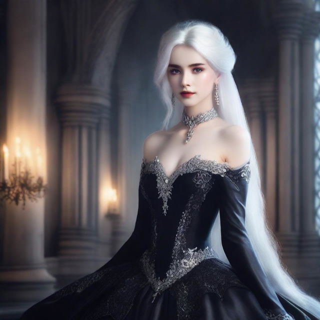 A stunningly beautiful and cold-hearted princess with white hair, wearing high heels and a black evening gown