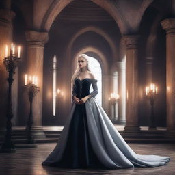 A stunningly beautiful and cold-hearted princess with white hair, wearing high heels and a black evening gown