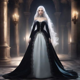 A stunningly beautiful and cold-hearted princess with white hair, wearing high heels and a black evening gown