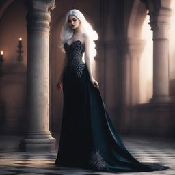 A stunningly beautiful and cold-hearted princess with white hair, wearing a black backless evening gown and high heels