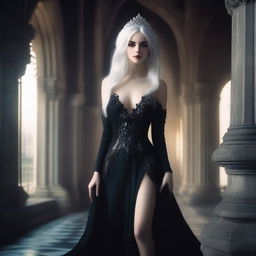 A stunningly beautiful and cold-hearted princess with white hair, wearing a black backless evening gown and high heels