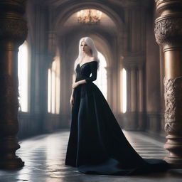 A stunningly beautiful and cold-hearted princess with white hair, wearing a black backless evening gown and high heels