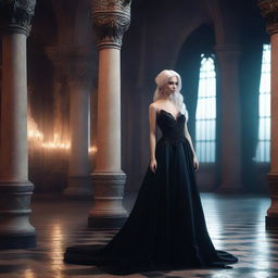 A stunningly beautiful and cold-hearted princess with white hair, wearing a black backless evening gown and high heels