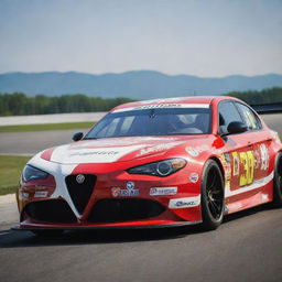 An Alfa Romeo car recrafted in a NASCAR style, showcasing bold colors, ready-for-race upgrades, and adorned with various sponsor logos.