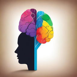 Create an abstract image featuring an illustration of a blank silhouette of a human with a brain and a heart at the bottom