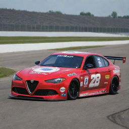 An Alfa Romeo car recrafted in a NASCAR style, showcasing bold colors, ready-for-race upgrades, and adorned with various sponsor logos.