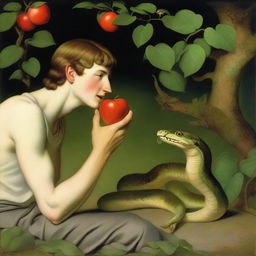 A young man is eating an apple that a snake is offering to him