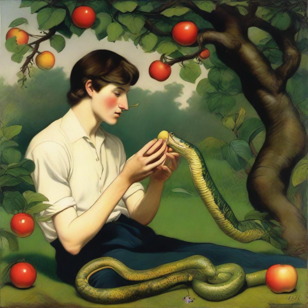 A young man is eating an apple that a snake is offering to him