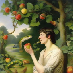 A young man is eating an apple that a snake is offering to him