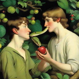 A young man is eating an apple that a snake is offering to him