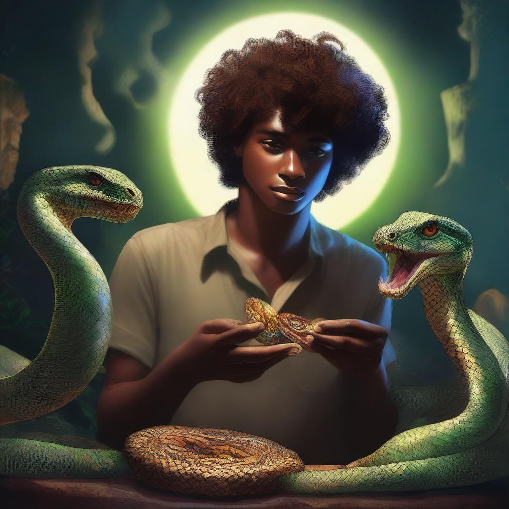 A young man with curly hair and dark skin is eating a halo that a snake is offering to him