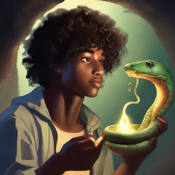 A young man with curly hair and dark skin is eating a halo that a snake is offering to him