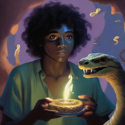 A young man with curly hair and dark skin is eating a halo that a snake is offering to him