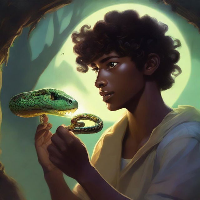 A young man with curly hair and dark skin is eating a halo that a snake is offering to him