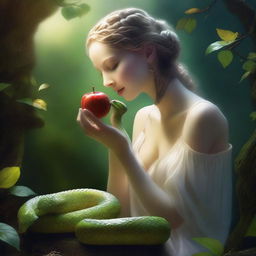 A being of pure light is eating an apple that a snake is offering to them