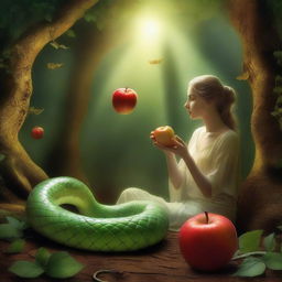 A being of pure light is eating an apple that a snake is offering to them