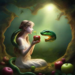 A being of pure light is eating an apple that a snake is offering to them