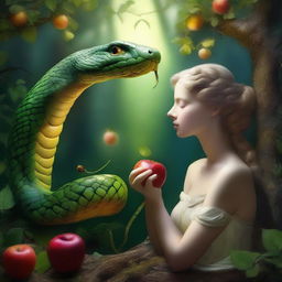 A being of pure light is eating an apple that a snake is offering to them