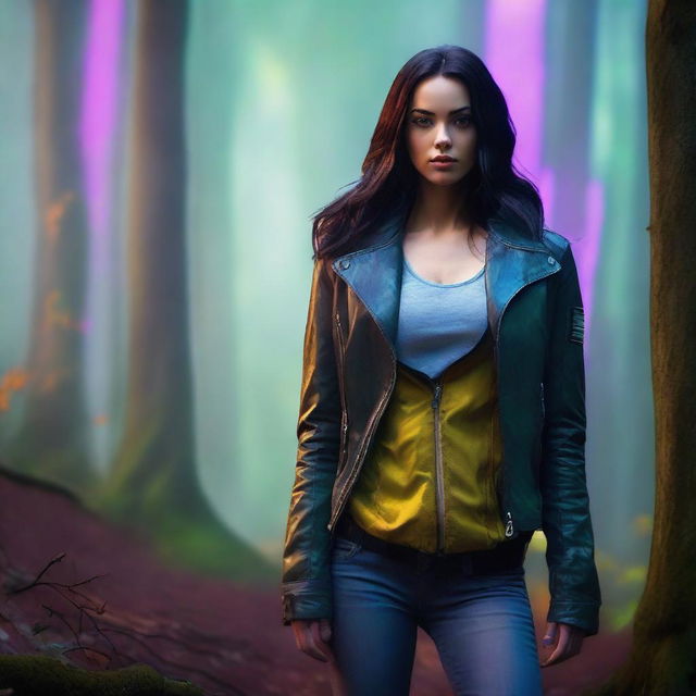 A teenage girl resembling Megan Fox from Transformers, athletic build, wearing a stylish jacket with a bag slung over one shoulder, standing in a misty, colorful forest