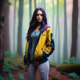 A teenage girl resembling Megan Fox from Transformers, athletic build, wearing a stylish jacket with a bag slung over one shoulder, standing in a misty, colorful forest