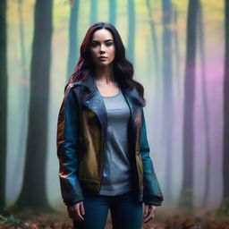 A teenage girl resembling Megan Fox from Transformers, athletic build, wearing a stylish jacket with a bag slung over one shoulder, standing in a misty, colorful forest