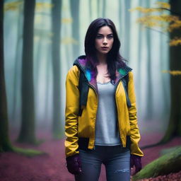 A teenage girl resembling Megan Fox from Transformers, athletic build, wearing a stylish jacket with a bag slung over one shoulder, standing in a misty, colorful forest