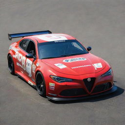 An Alfa Romeo car recrafted in a NASCAR style, showcasing bold colors, ready-for-race upgrades, and adorned with various sponsor logos.