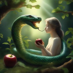 An entity of pure light is eating an apple that a snake is offering to them