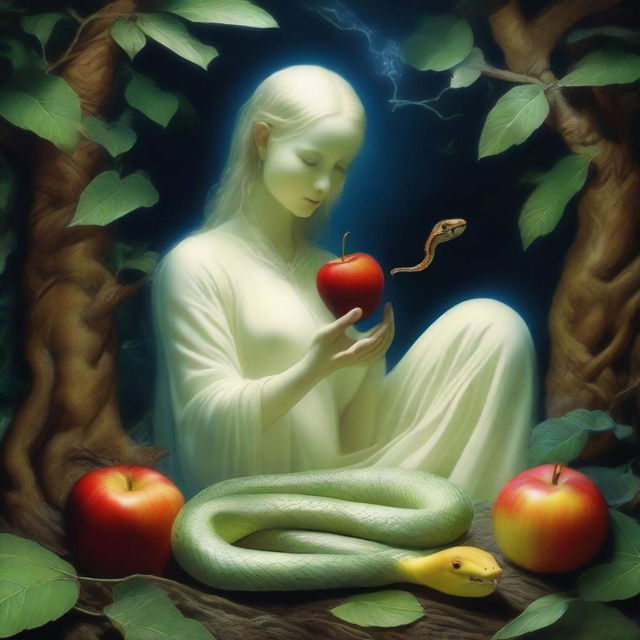 An entity of pure light is eating an apple that a snake is offering to them