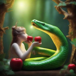 An entity of pure light is eating an apple that a snake is offering to them