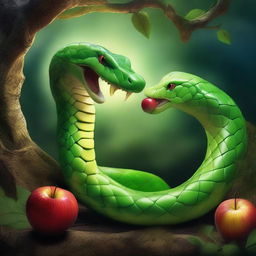 An entity of pure light is eating an apple that a snake is offering to them