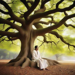 A serene and divine depiction of a God resting under a majestic tree