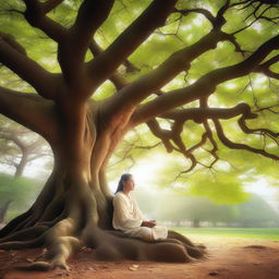 A serene and divine depiction of a God resting under a majestic tree