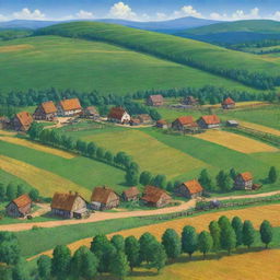 A picturesque view of 'Stardew Valley' showing verdant fields, quaint farm buildings, cattle grazing under clear blue skies, and crops growing all around.