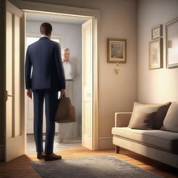 A realistic image of a man arriving home from work