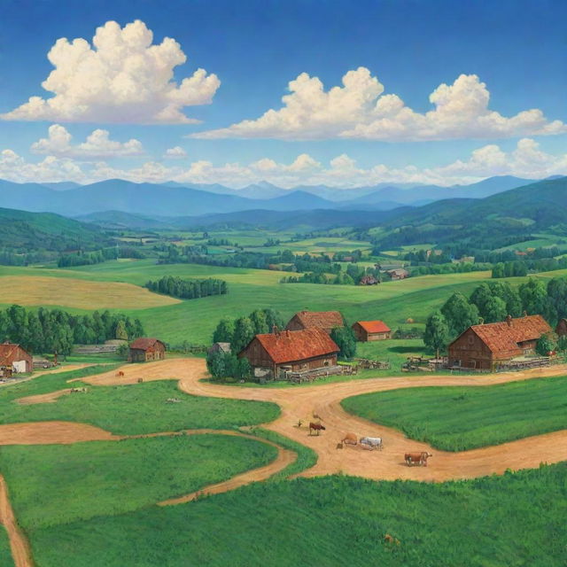 A picturesque view of 'Stardew Valley' showing verdant fields, quaint farm buildings, cattle grazing under clear blue skies, and crops growing all around.